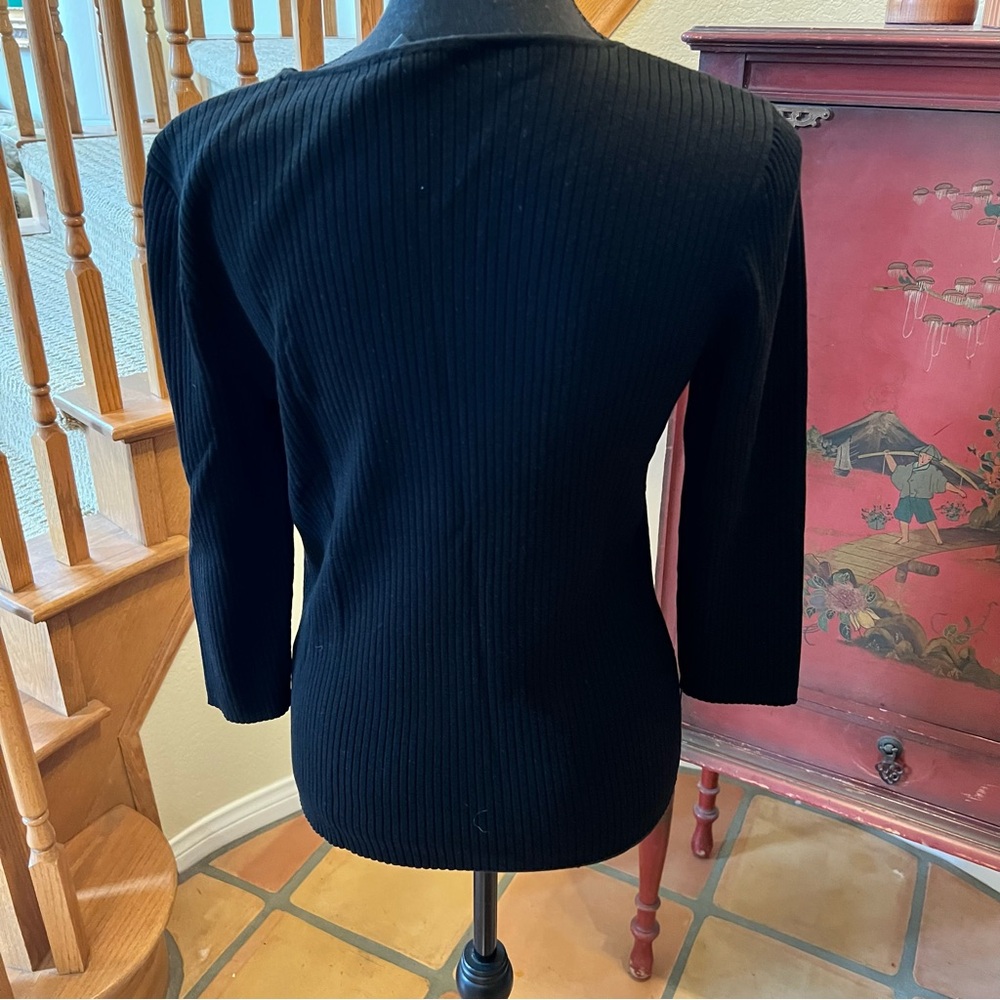August Silk Black 3/4 Sleeve Ribbed Scoop Neck Sweater Viscose Blend Sz L - Picture 4 of 6